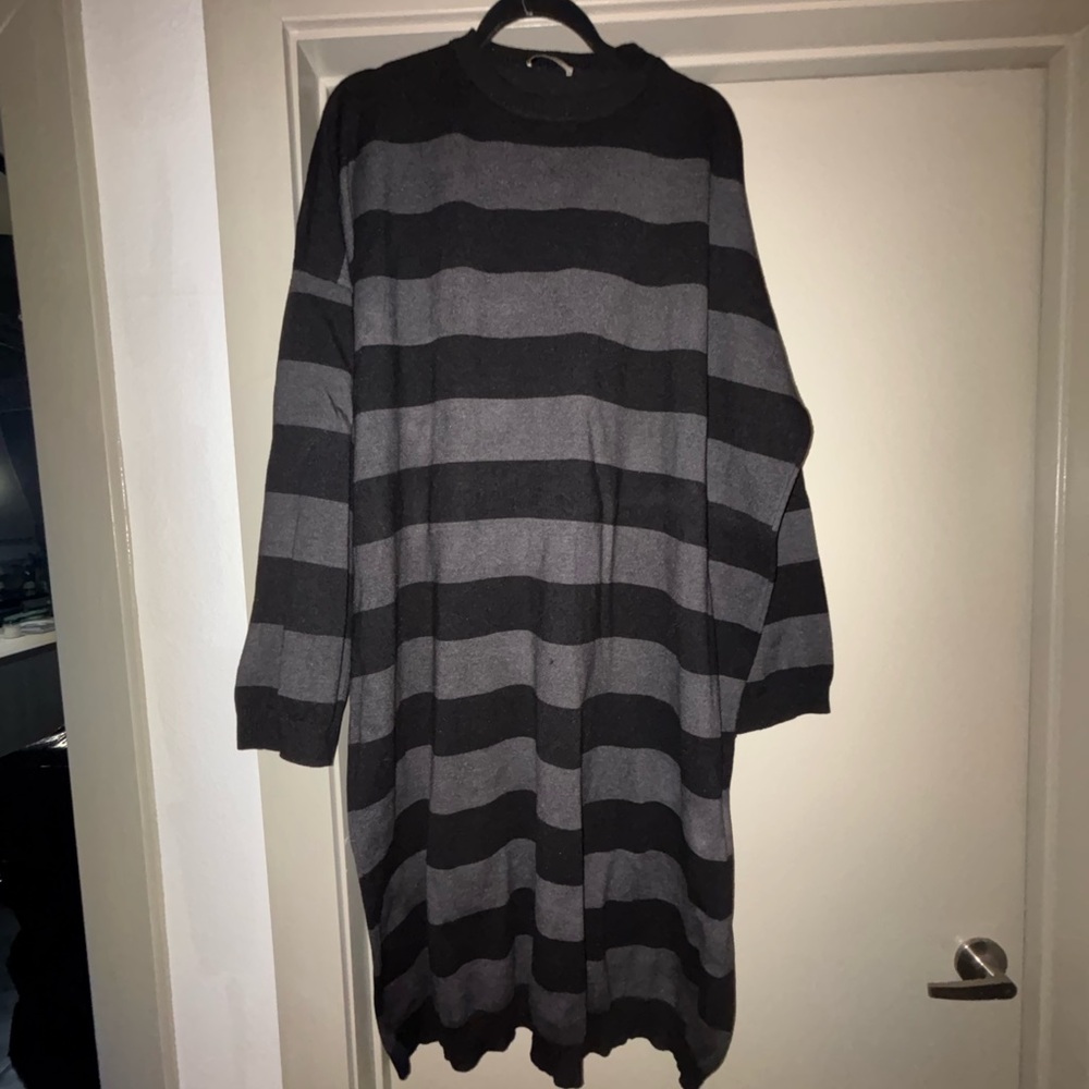 Dressed in LALA Black and Gray Striped Long Sleeve Dress